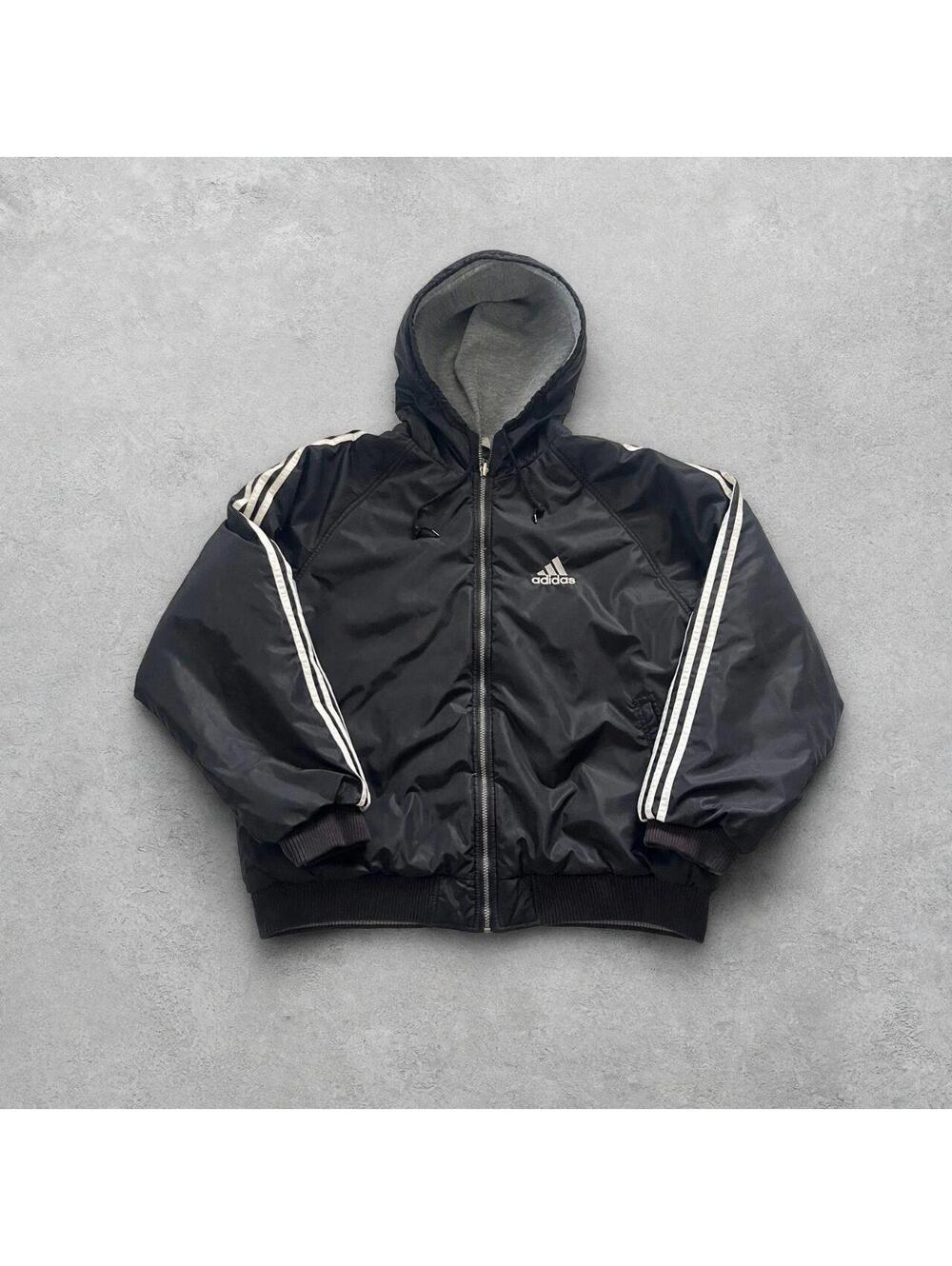 Vintage 90s Oversized Adidas Reversible Hooded Jacket Black Grey